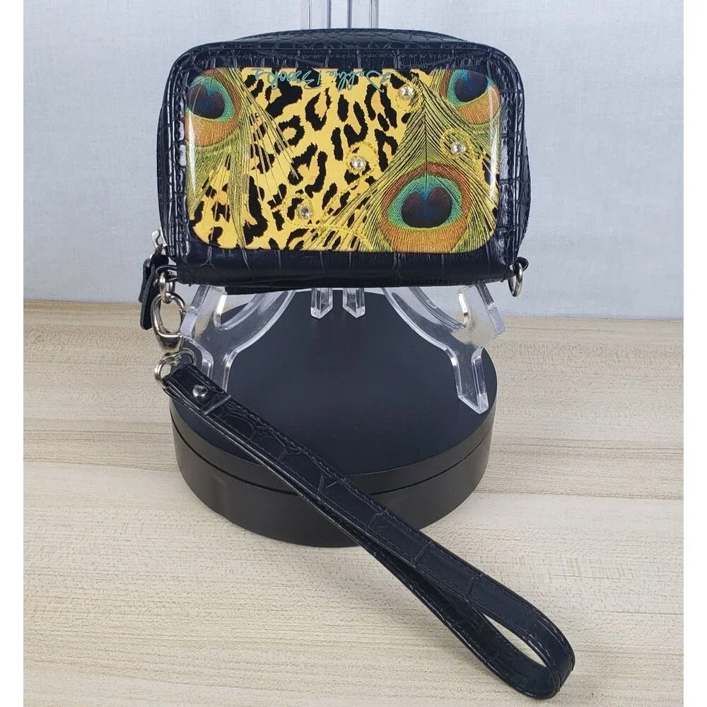 Debbie Brooks Black Peacock Animal Print Rhinestone Wristlet Wallet Phone Case